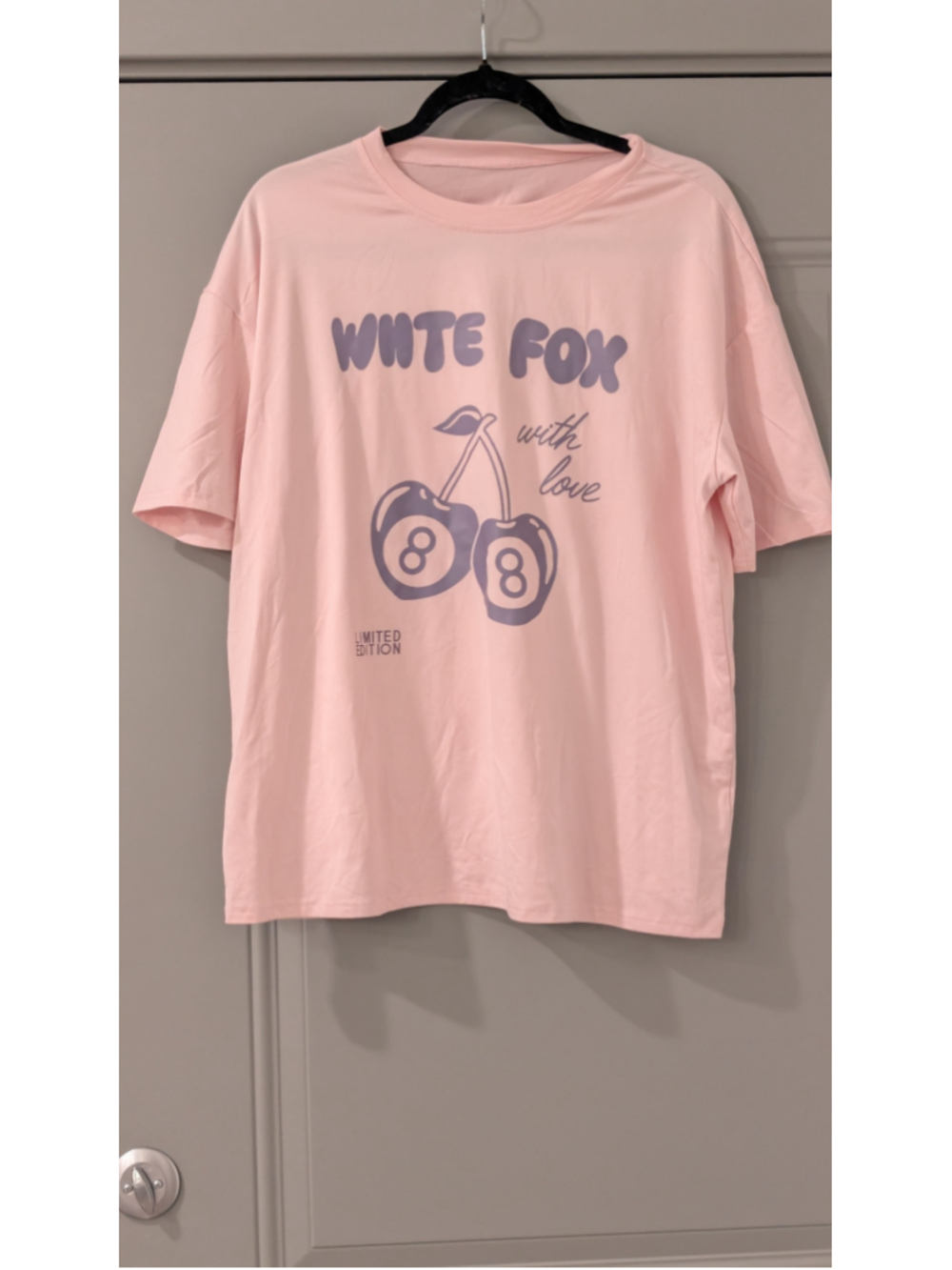 Women's White Fox Graphic Tee Size M Pink Purple Cherry 8-Ball Print